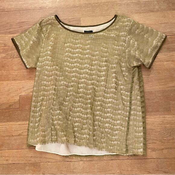 J. Crew olive green mesh cream short sleeve brown trim blouse shirt top sz M b26 - Picture 1 of 3